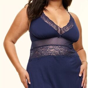 Adore Me Navy Lace-Trim Chemise with Sheer Waist Panel